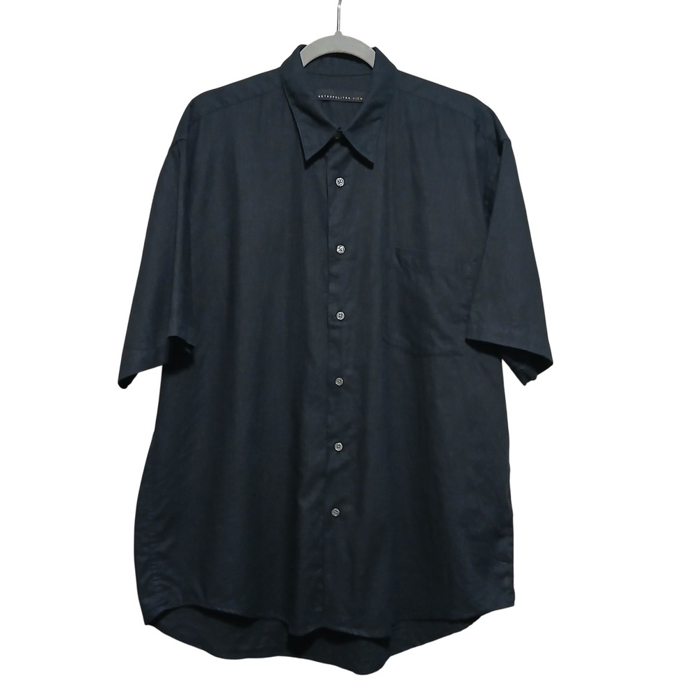 Metropolitan View Mens Linen‎ Blend Short Sleeve Button Down Shirt Navy Blue M